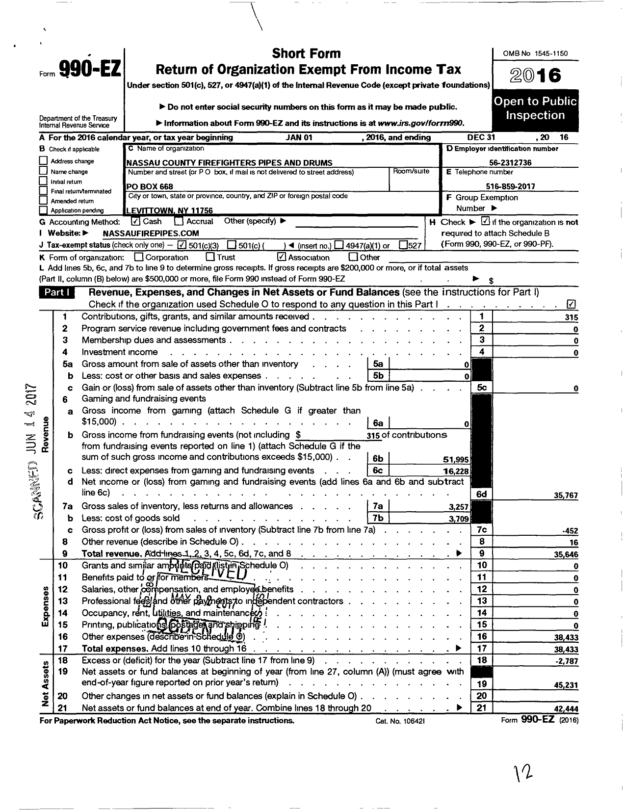 Image of first page of 2016 Form 990EZ for Nassau County Firefighters Pipes and Drums