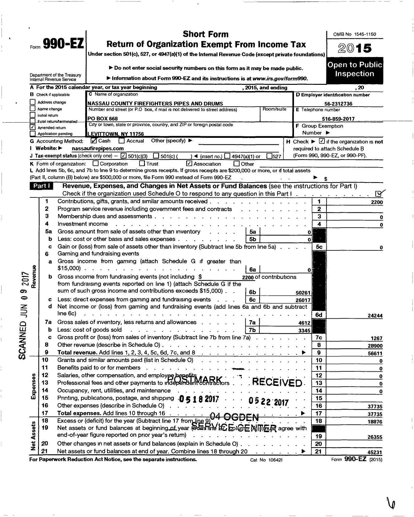 Image of first page of 2015 Form 990EZ for Nassau County Firefighters Pipes and Drums