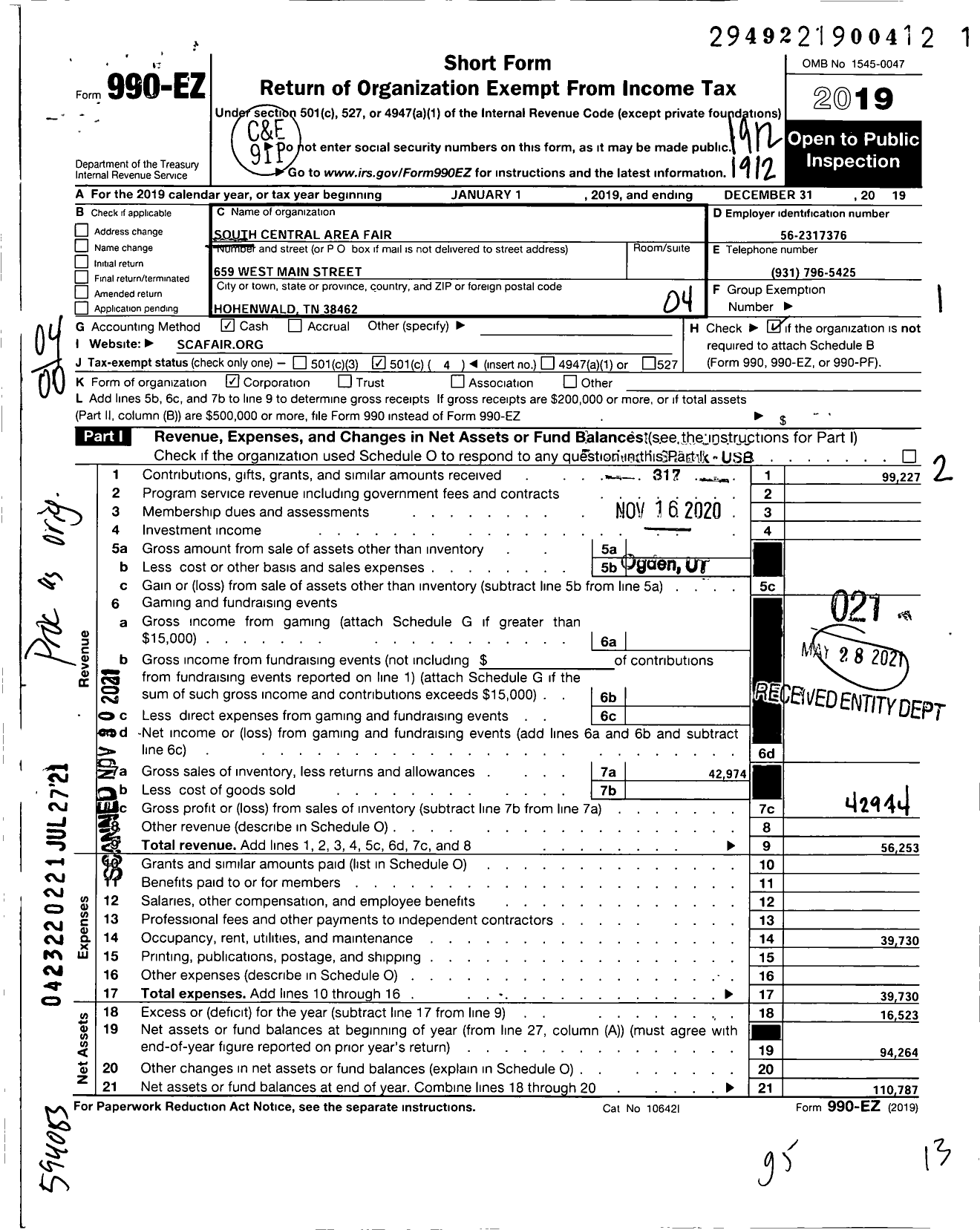 Image of first page of 2019 Form 990EO for South Central Area Fair