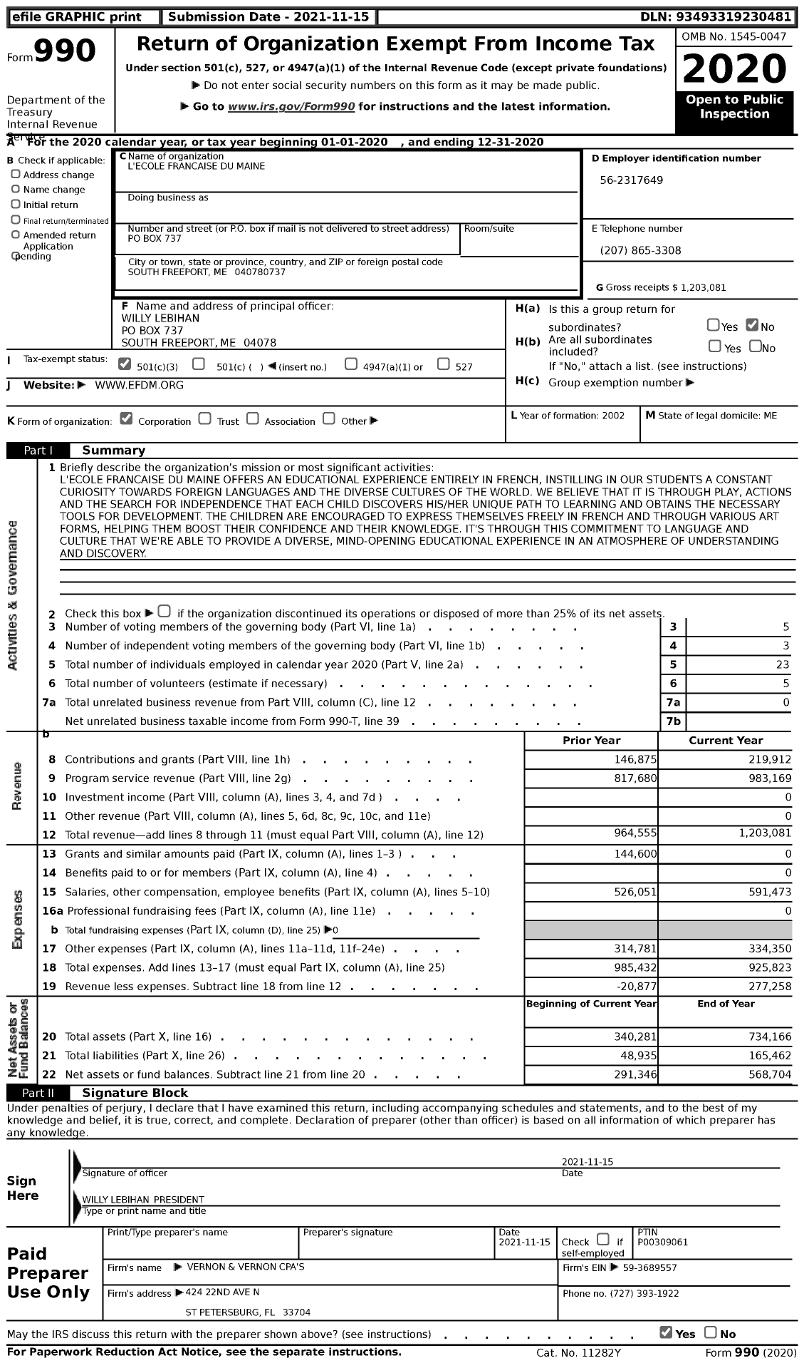 Image of first page of 2020 Form 990 for L'ecole Francaise Du Maine Lebihan