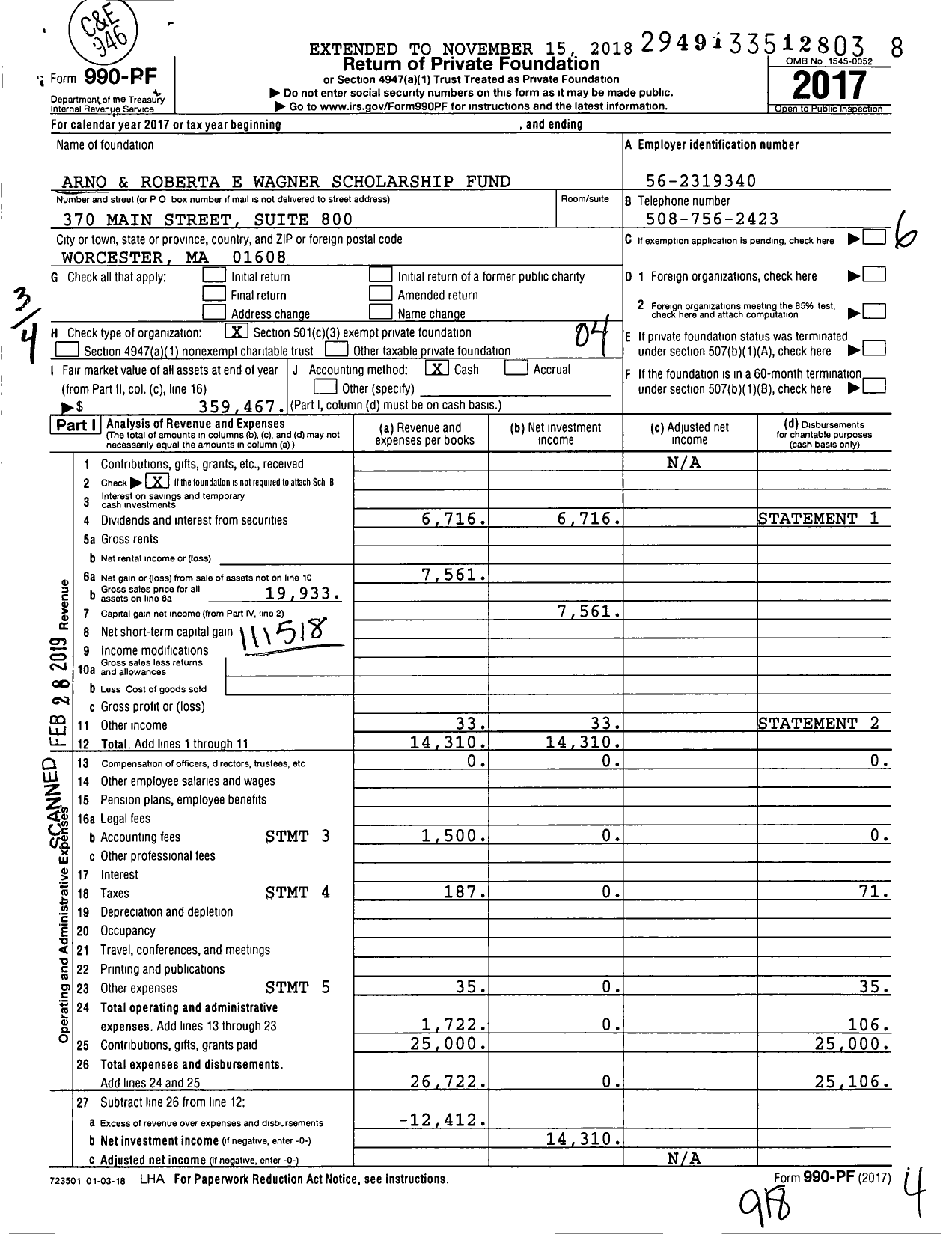 Image of first page of 2017 Form 990PF for Arno and Roberta E Wagner Scholarship Fund