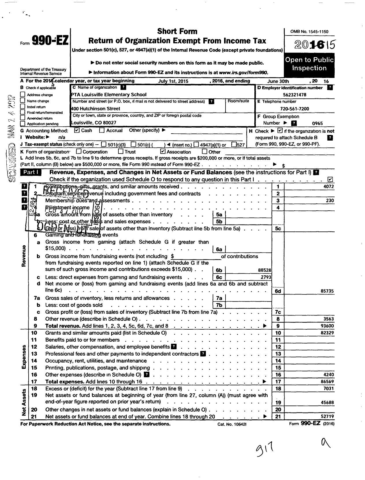 Image of first page of 2015 Form 990EO for PTA Colorado Congress / Louisville Elementary PTA