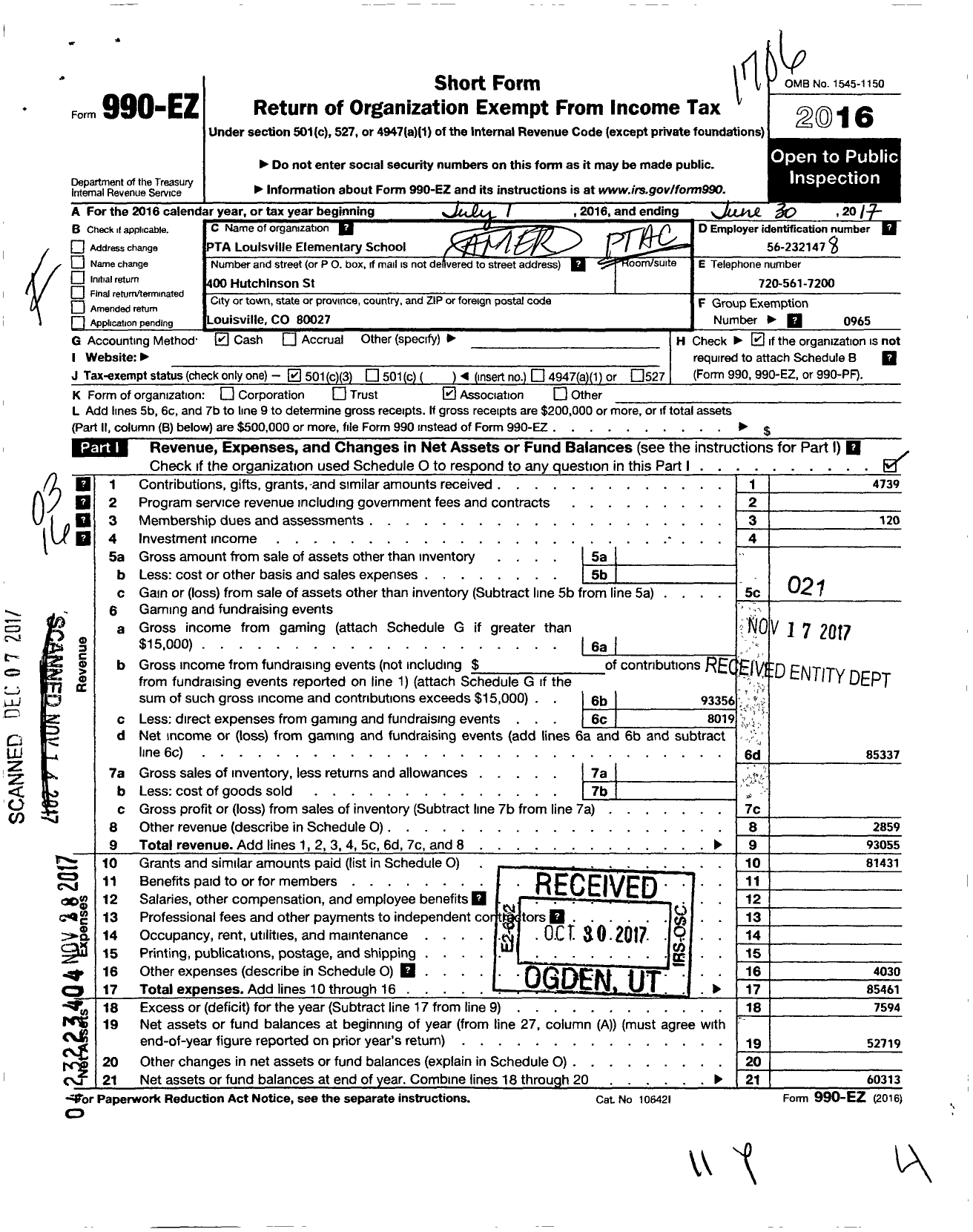 Image of first page of 2016 Form 990EZ for PTA Colorado Congress / Louisville Elementary PTA