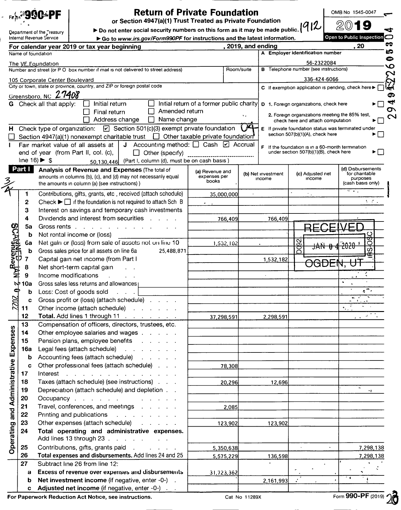 Image of first page of 2019 Form 990PF for The VF Foundation