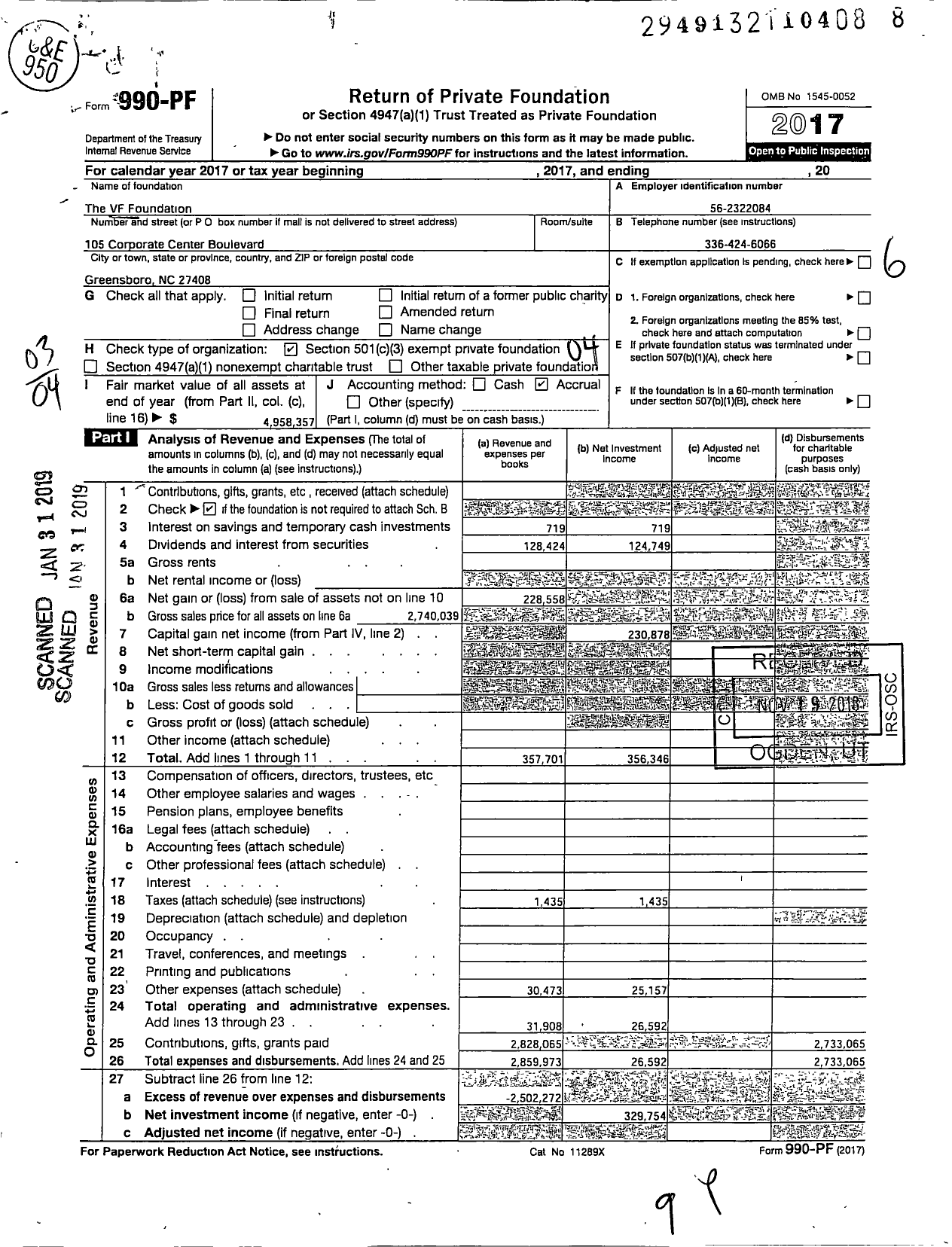 Image of first page of 2017 Form 990PF for The VF Foundation