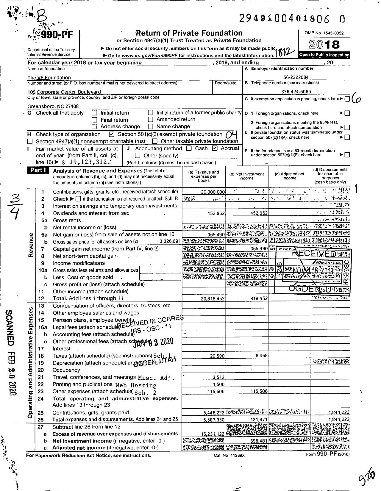 Image of first page of 2018 Form 990PF for The VF Foundation