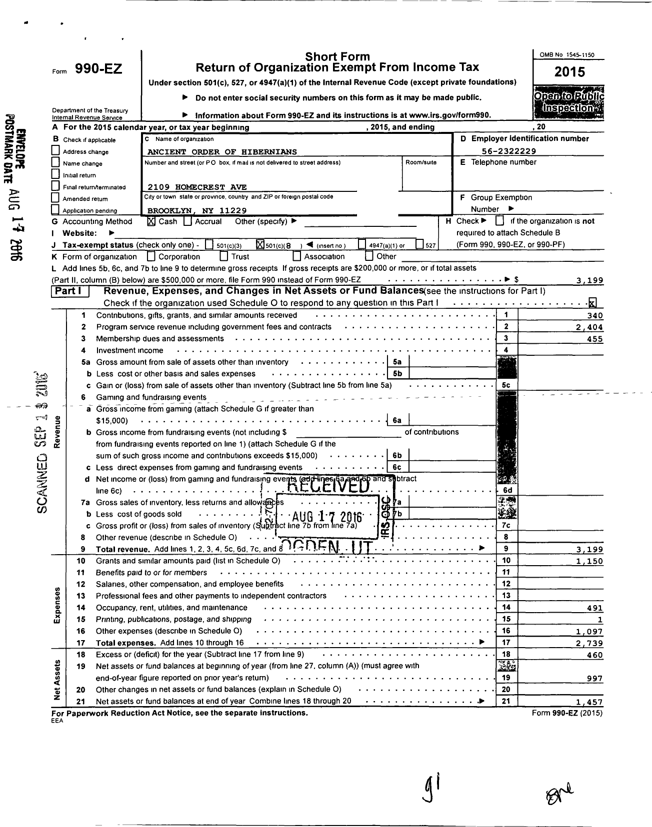 Image of first page of 2015 Form 990EO for Ancient Order of Hibernians / 17 Div Queen Maeve Philadelphia Pa