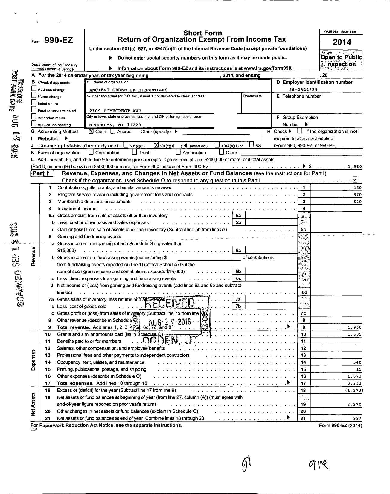 Image of first page of 2014 Form 990EO for Ancient Order of Hibernians / 17 Div Queen Maeve Philadelphia Pa