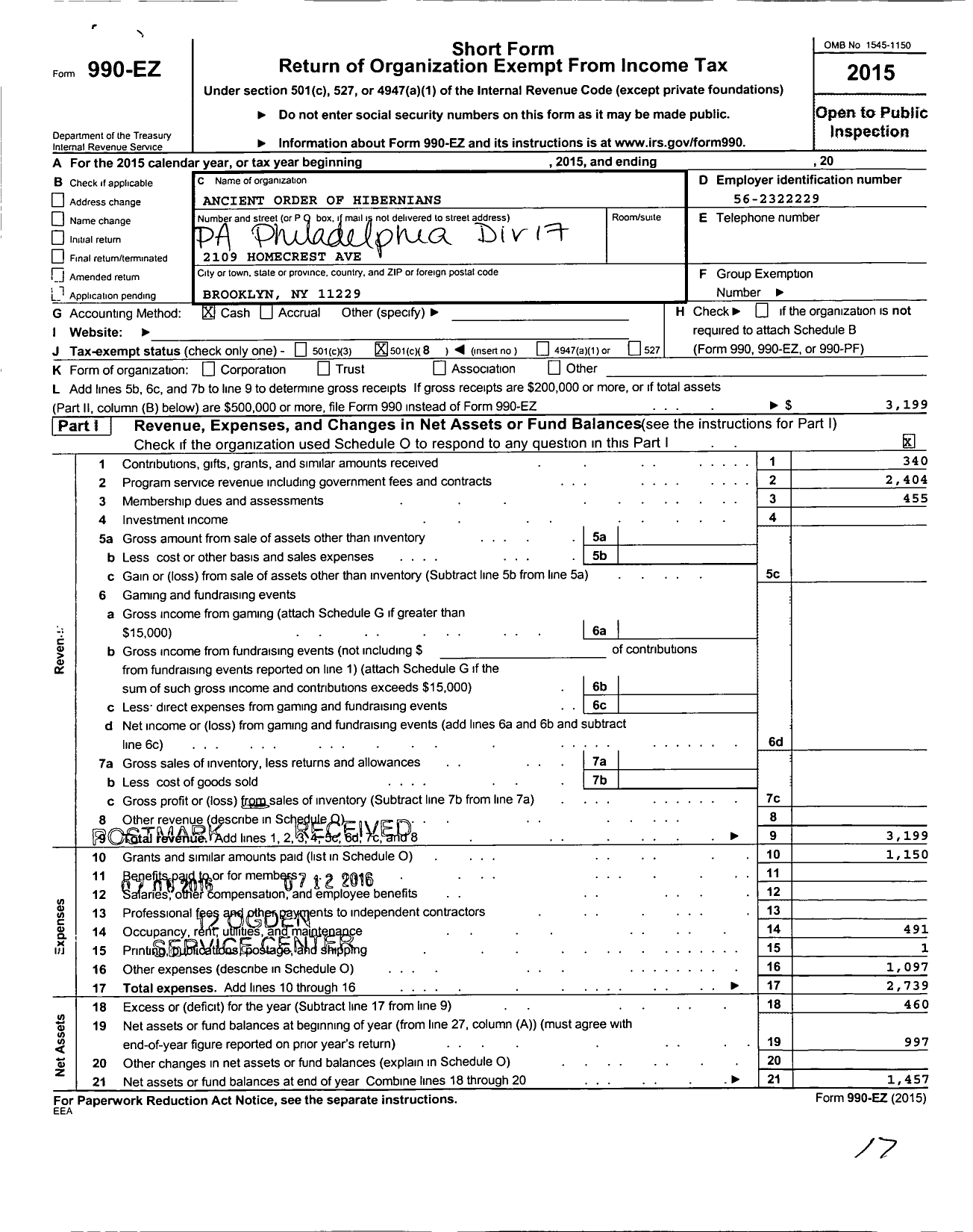 Image of first page of 2015 Form 990EO for Ancient Order of Hibernians / 17 Div Queen Maeve Philadelphia Pa