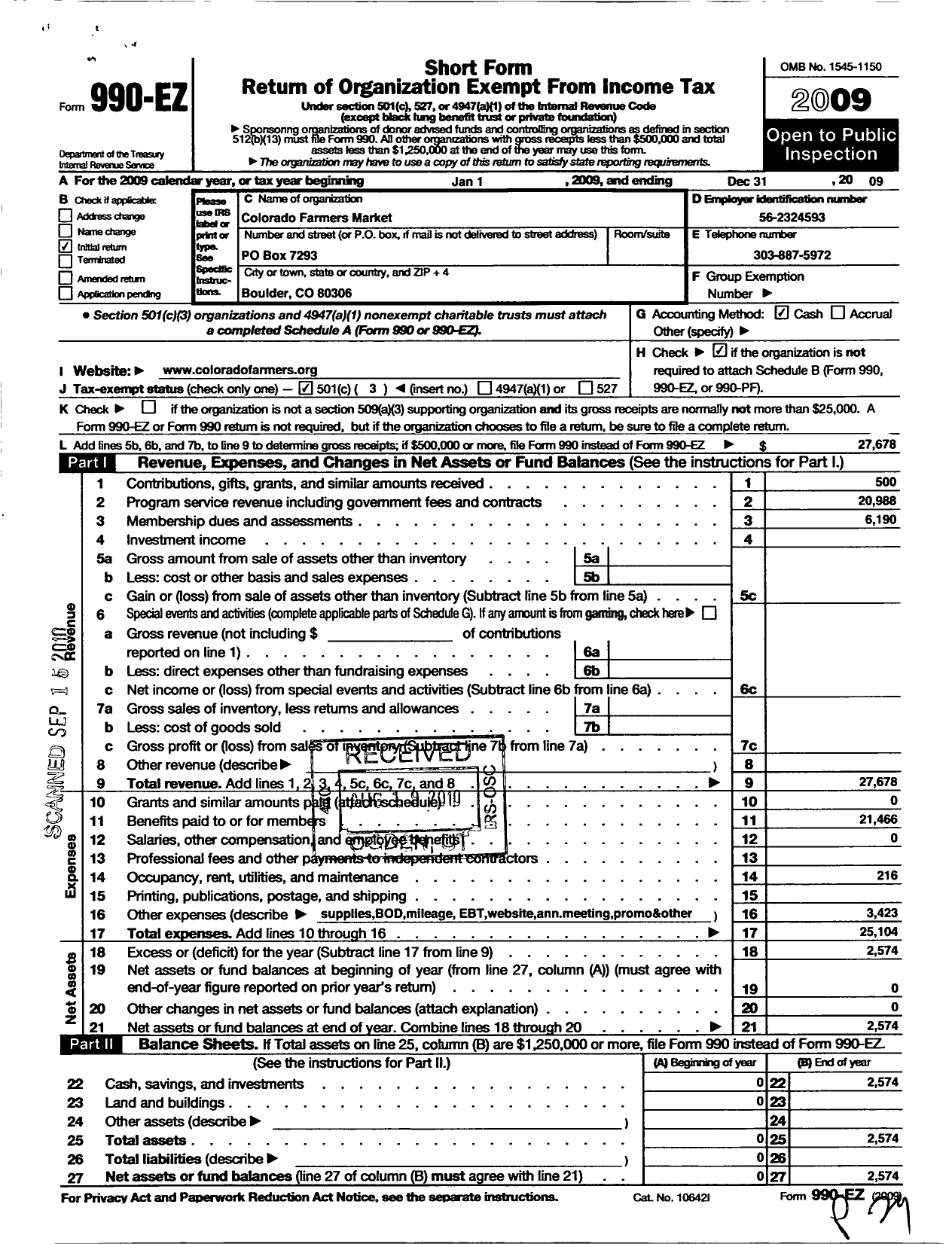 Image of first page of 2009 Form 990EZ for Colorado Farmers Market Association