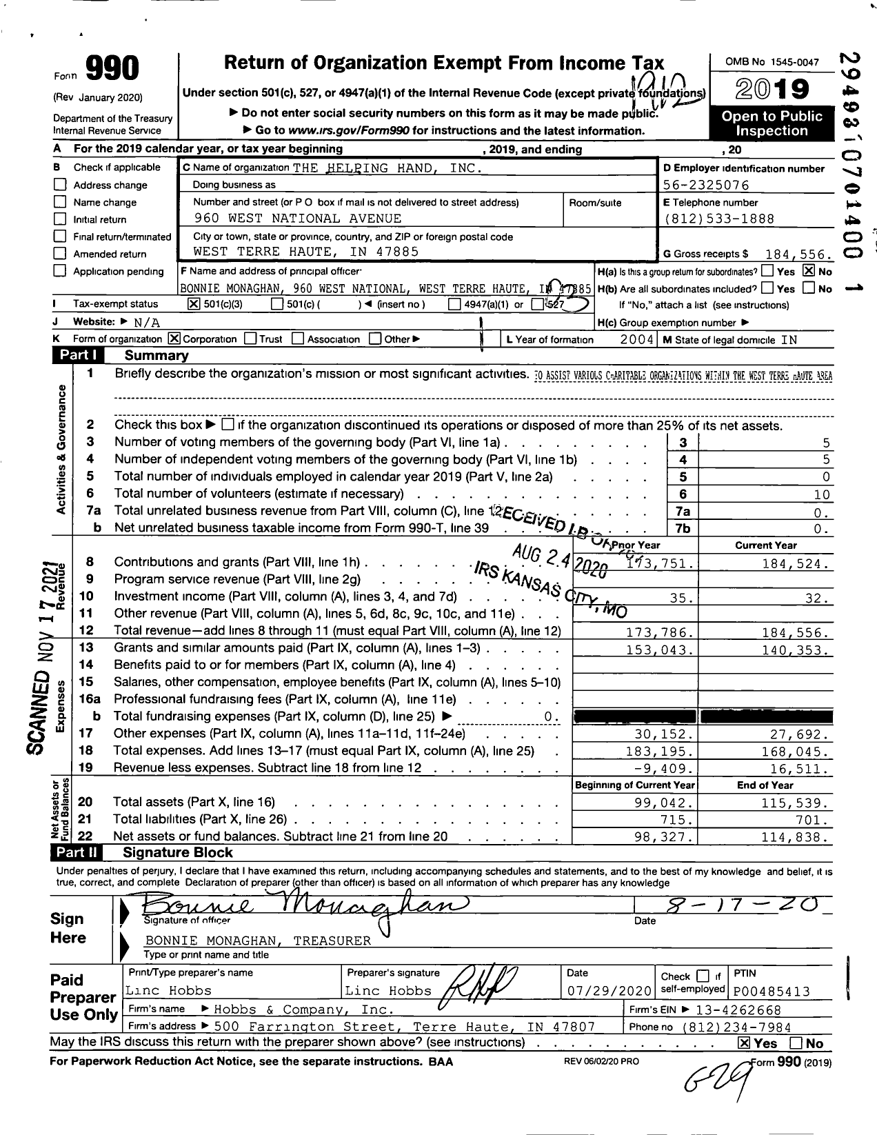 Image of first page of 2019 Form 990 for The Helping Hand