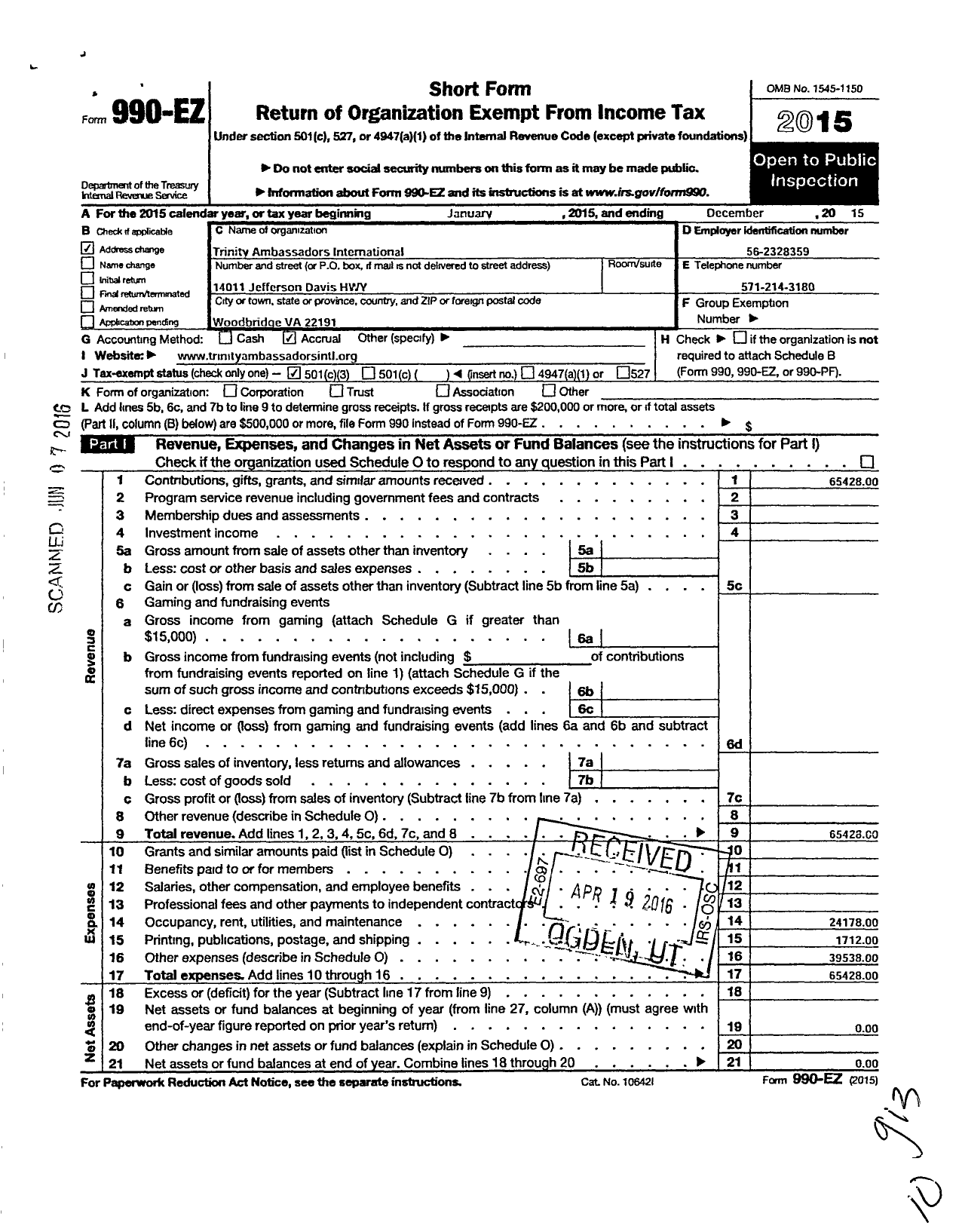 Image of first page of 2015 Form 990EZ for Trinity Ambassadors International