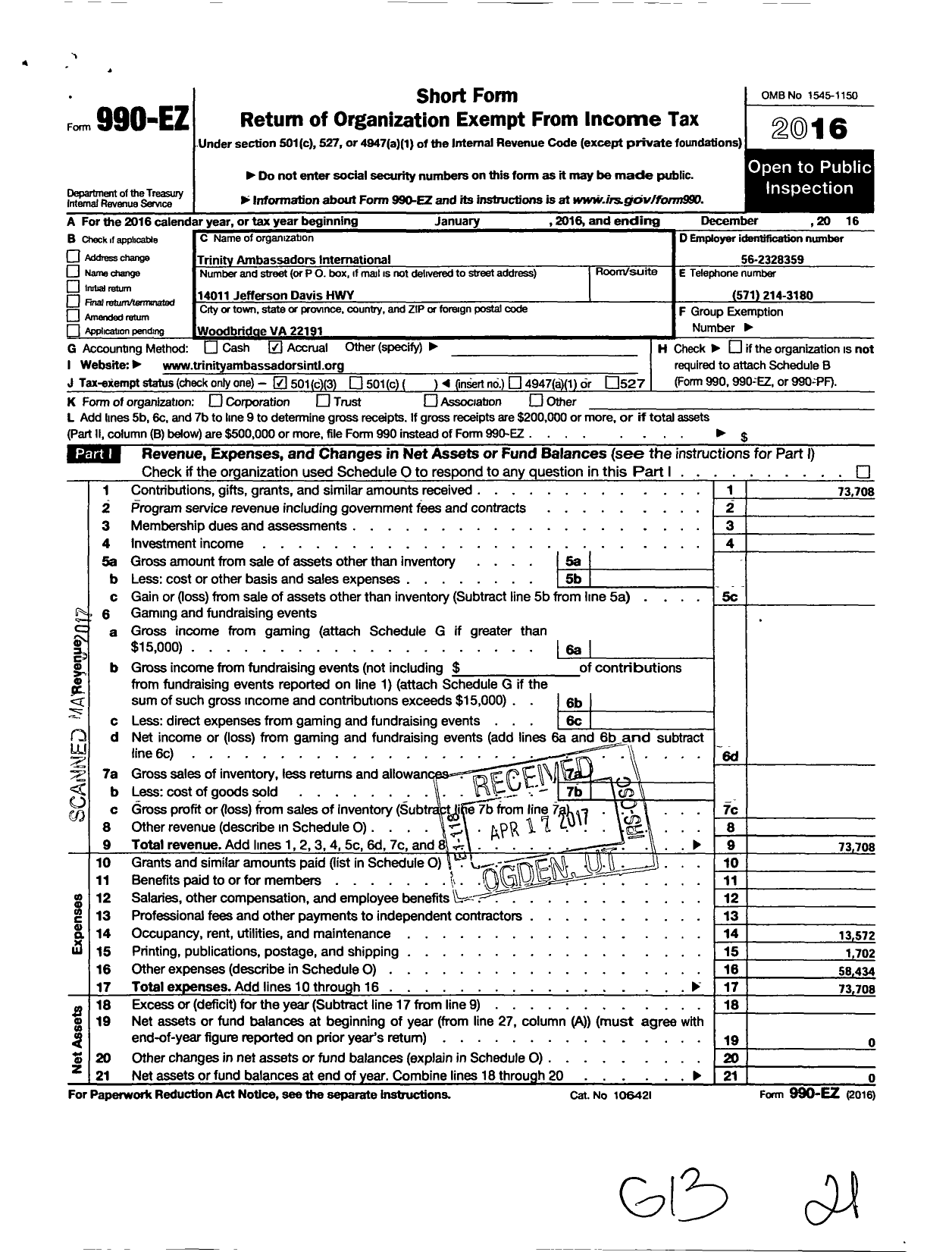 Image of first page of 2016 Form 990EZ for Trinity Ambassadors International