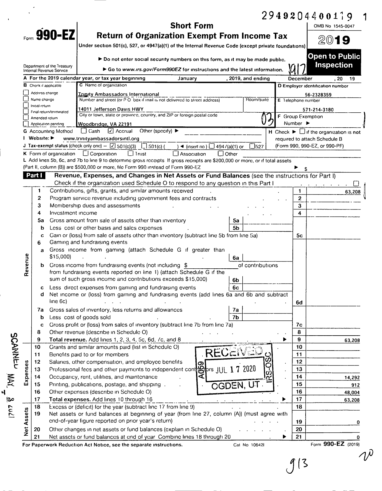 Image of first page of 2019 Form 990EZ for Trinity Ambassadors International