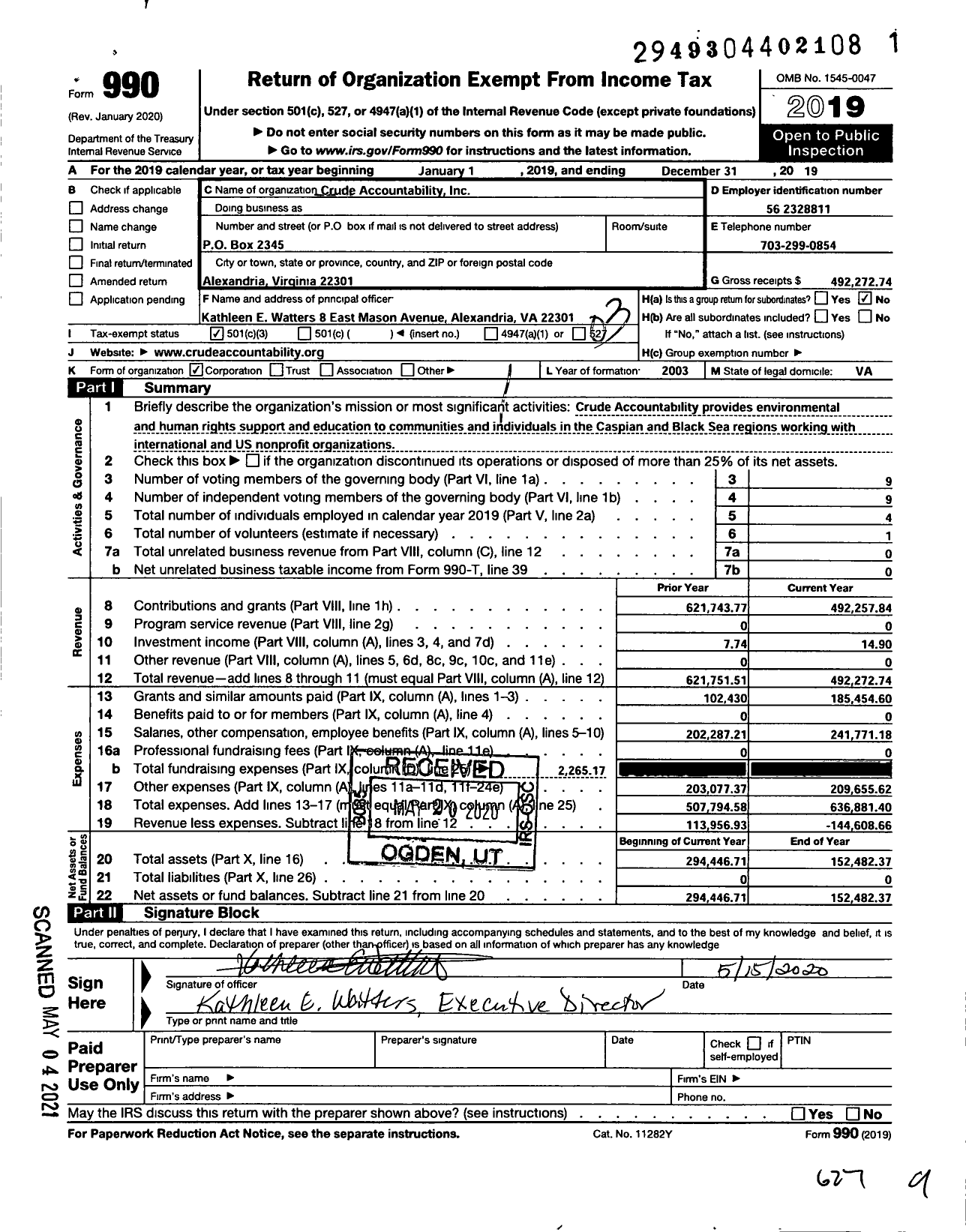 Image of first page of 2019 Form 990 for Crude Accountability Incorporated
