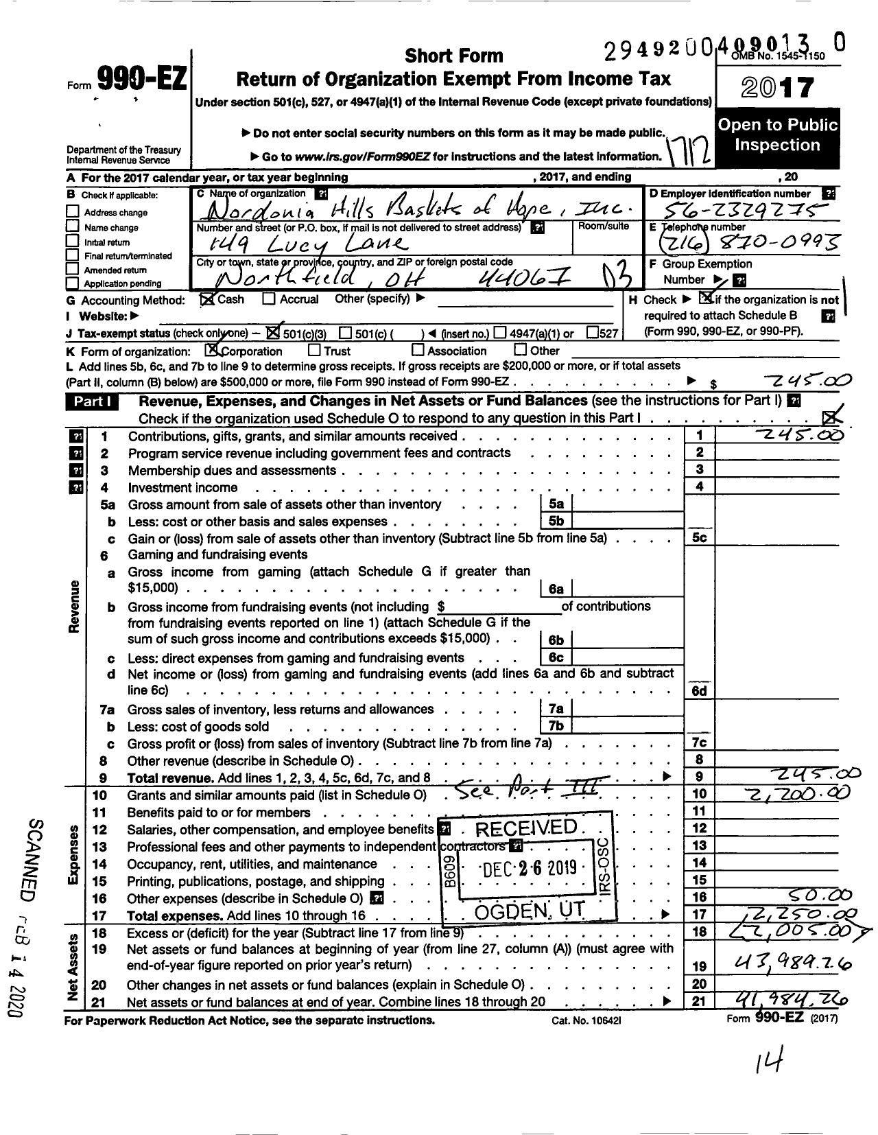 Image of first page of 2017 Form 990EZ for Nordonia Hills Baskets of Hope