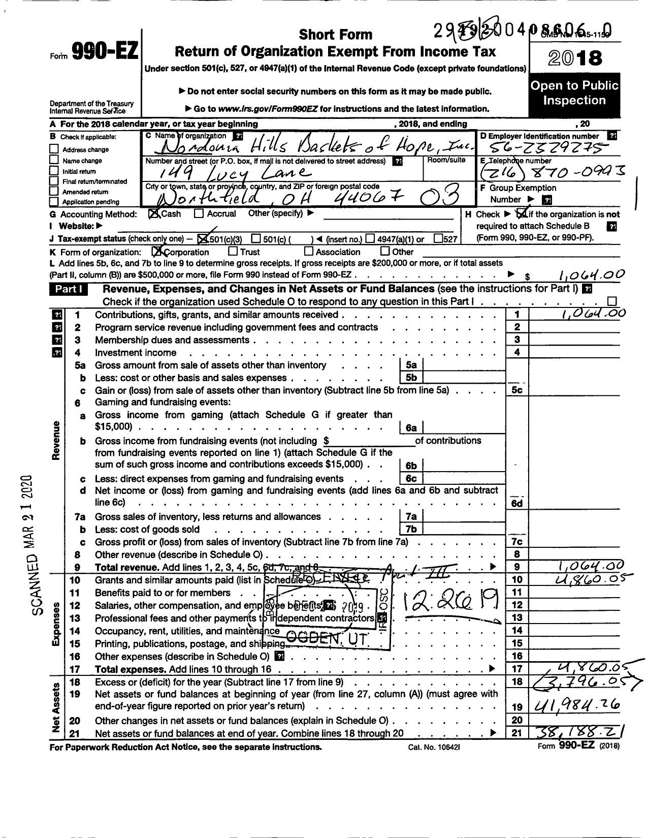 Image of first page of 2018 Form 990EZ for Nordonia Hills Baskets of Hope