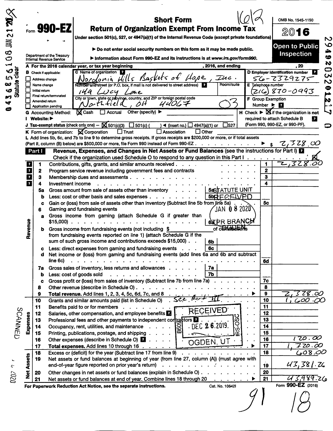 Image of first page of 2016 Form 990EZ for Nordonia Hills Baskets of Hope