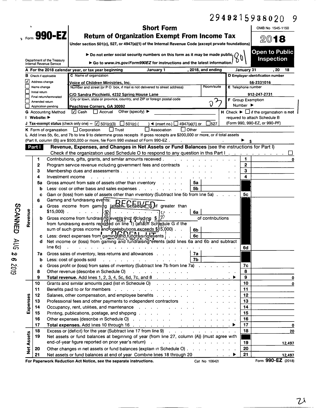 Image of first page of 2017 Form 990EZ for Voice of Children Ministries