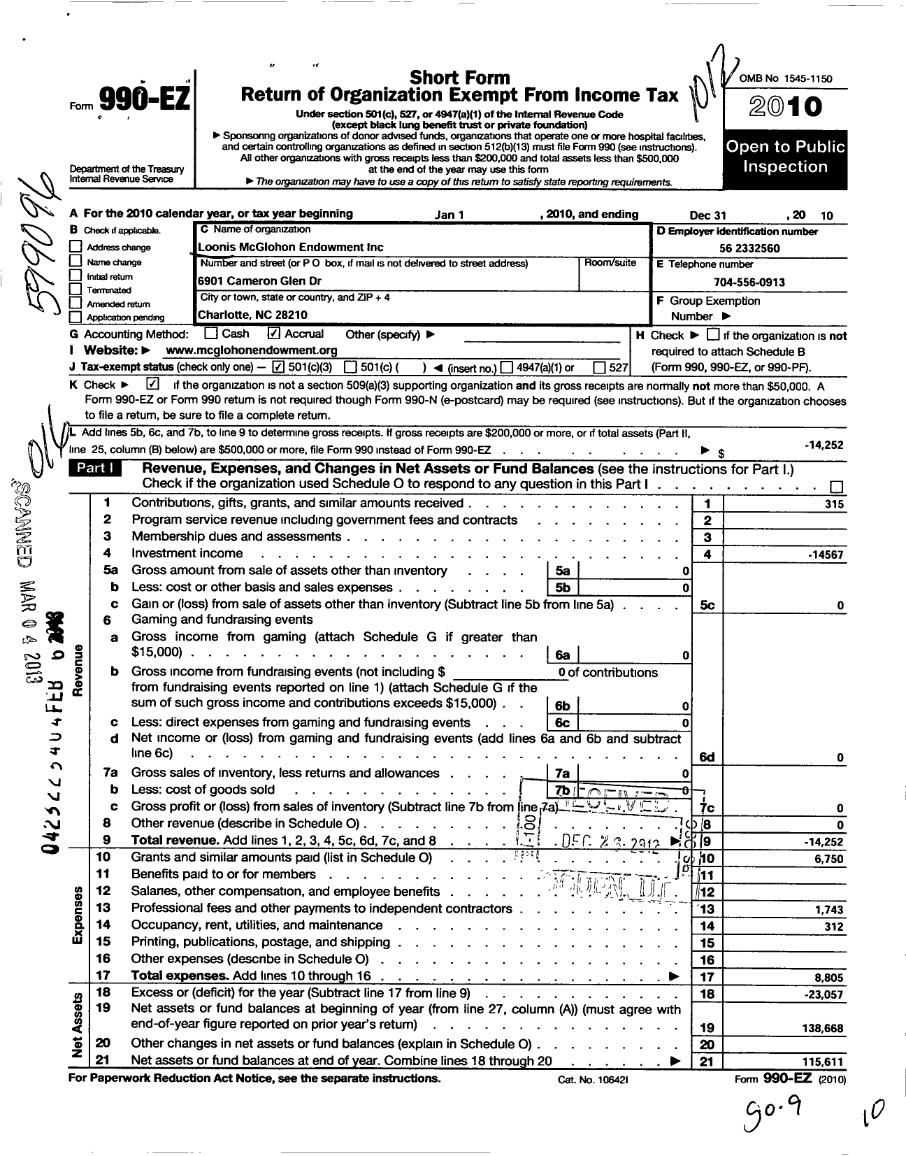 Image of first page of 2010 Form 990EZ for Loonis Mcglohon Endowment