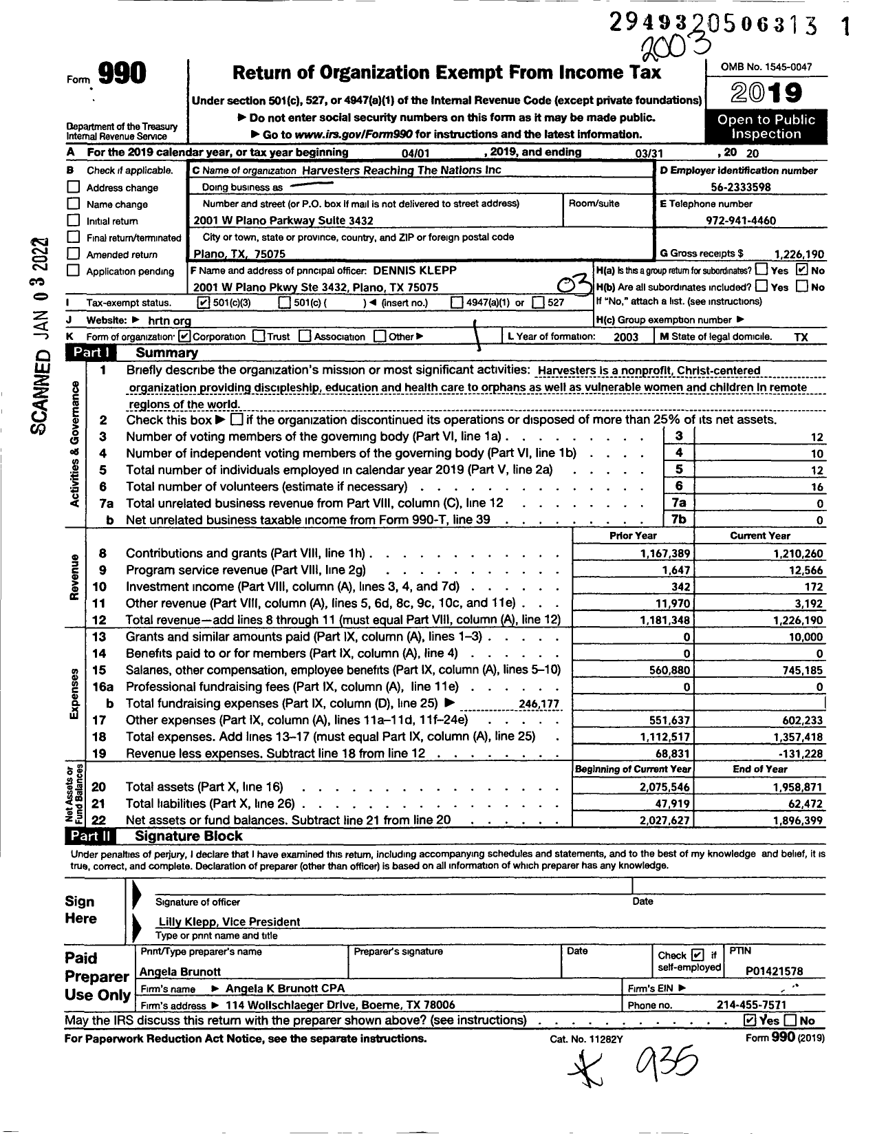 Image of first page of 2019 Form 990 for Harvesters Reaching The Nations