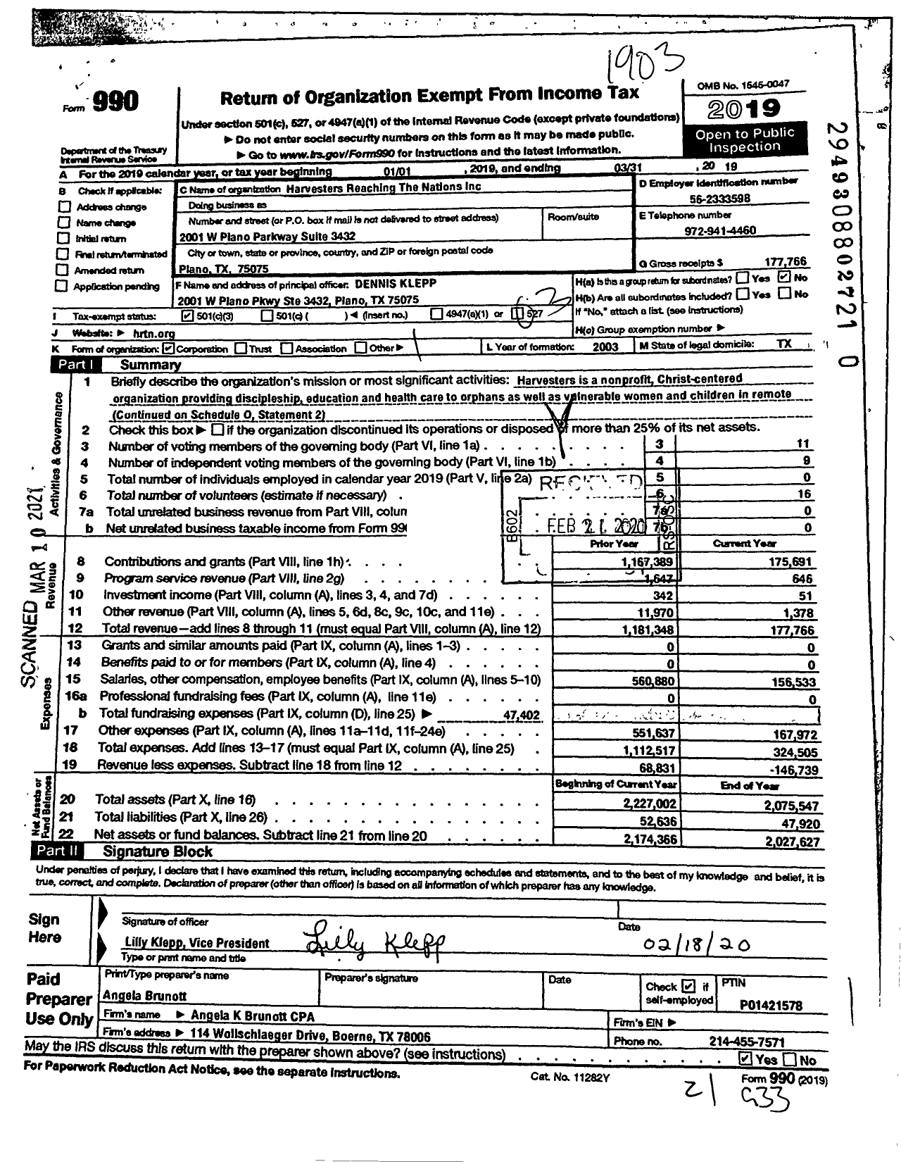 Image of first page of 2018 Form 990 for Harvesters Reaching The Nations