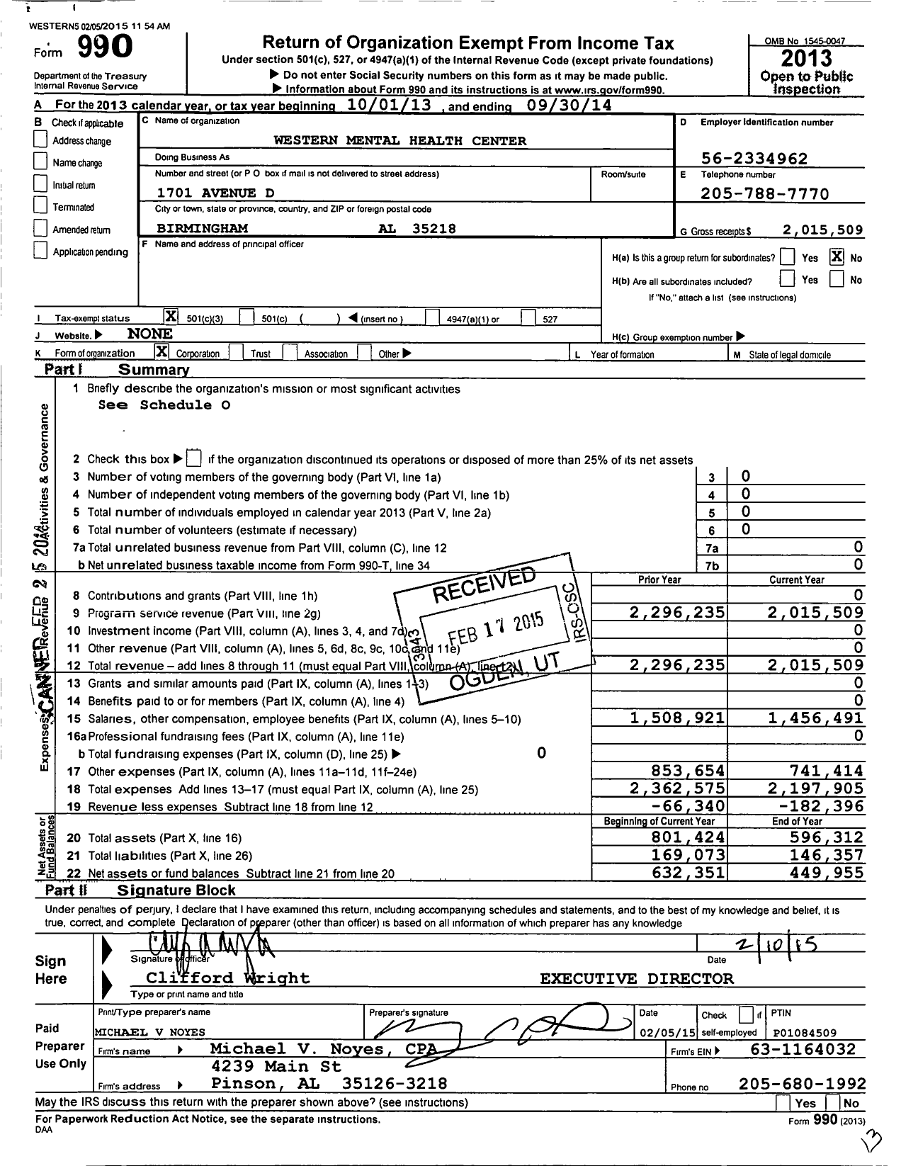 Image of first page of 2013 Form 990 for Western Mental Health Clinic