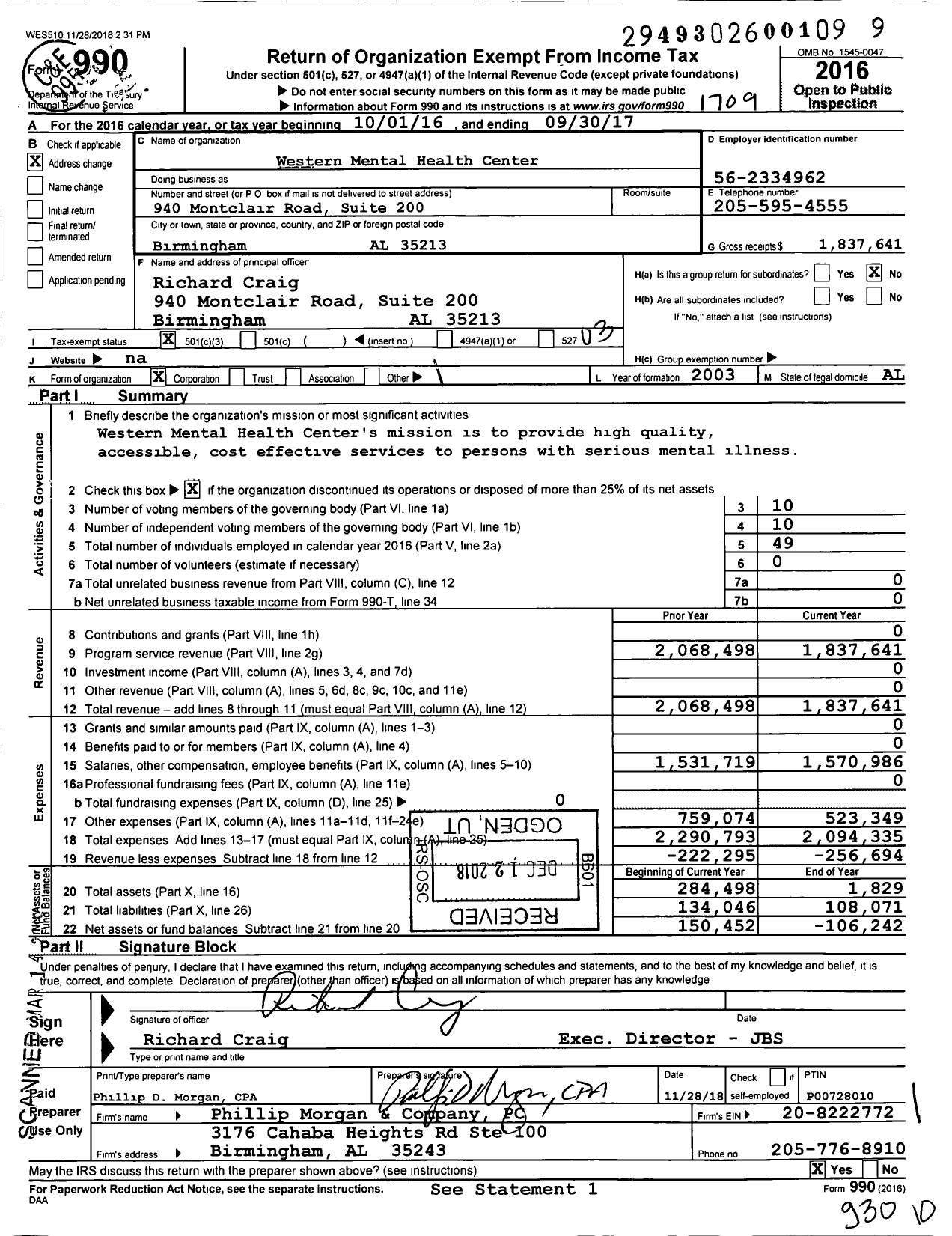 Image of first page of 2016 Form 990 for Western Mental Health Clinic