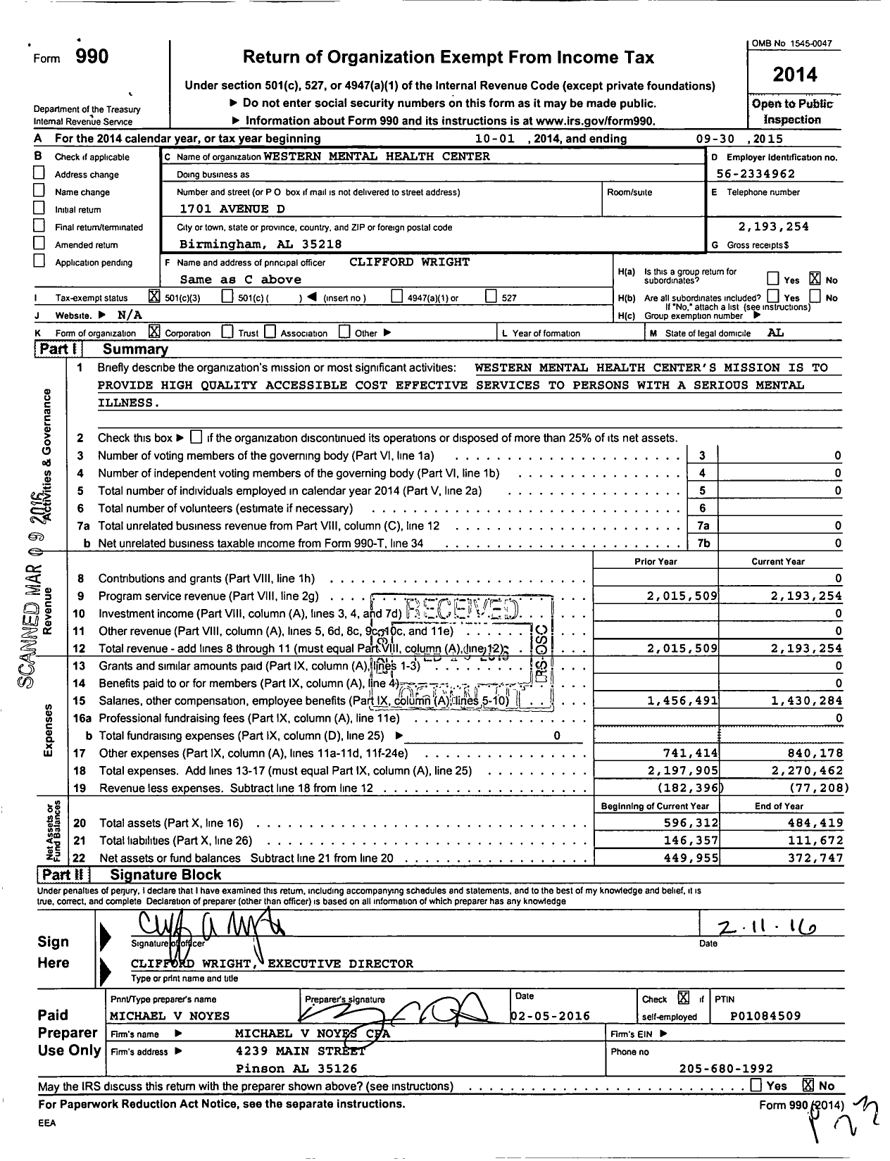 Image of first page of 2014 Form 990 for Western Mental Health Clinic