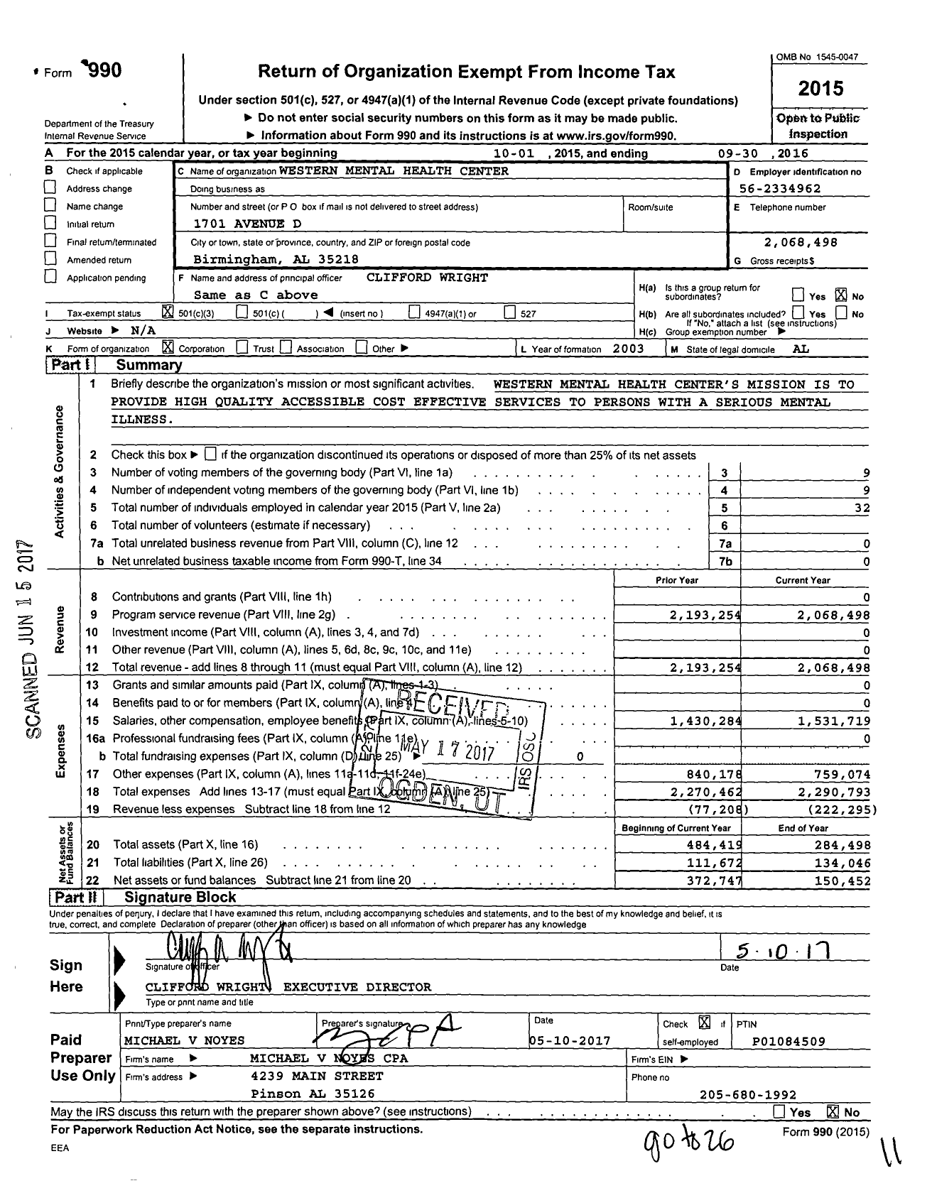 Image of first page of 2015 Form 990 for Western Mental Health Clinic