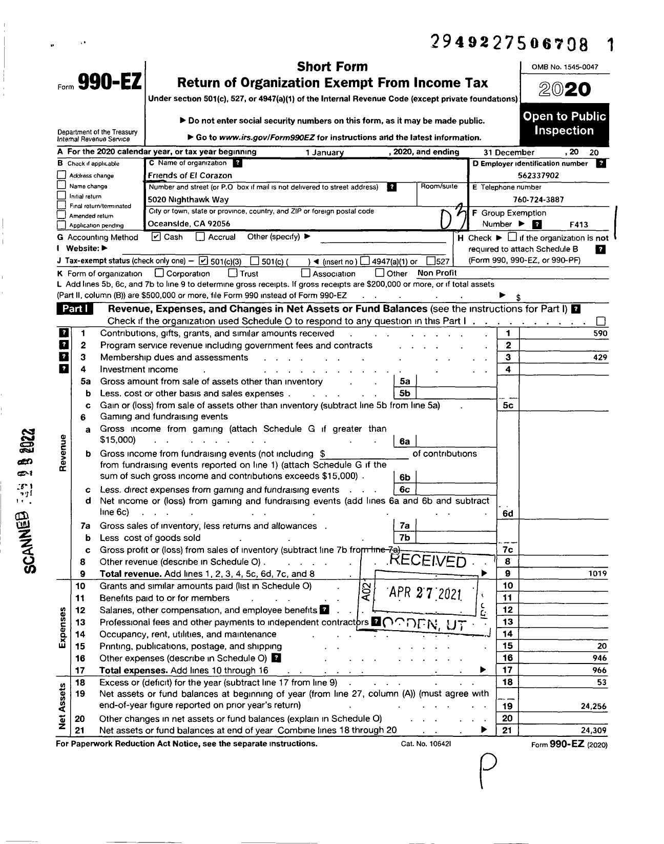 Image of first page of 2020 Form 990EZ for Friends of El Corazon