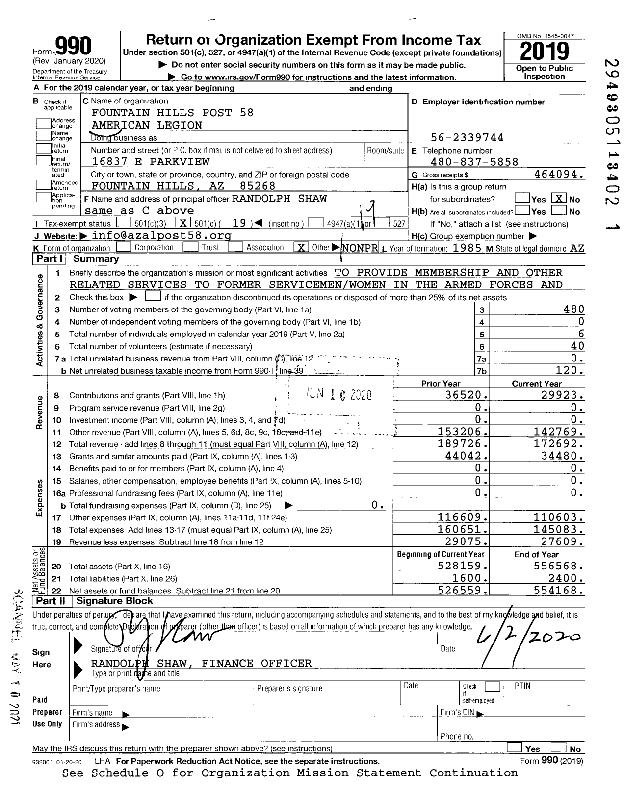 Image of first page of 2019 Form 990O for American Legion - Fountain Hills Post 58 American Legion