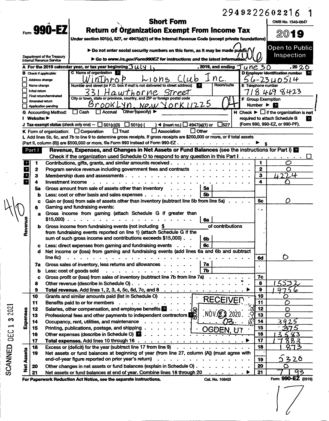 Image of first page of 2019 Form 990EO for Lions Clubs - 39957 Winthrop