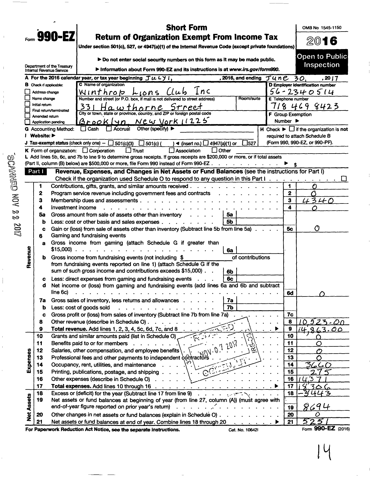 Image of first page of 2016 Form 990EO for Lions Clubs - 39957 Winthrop