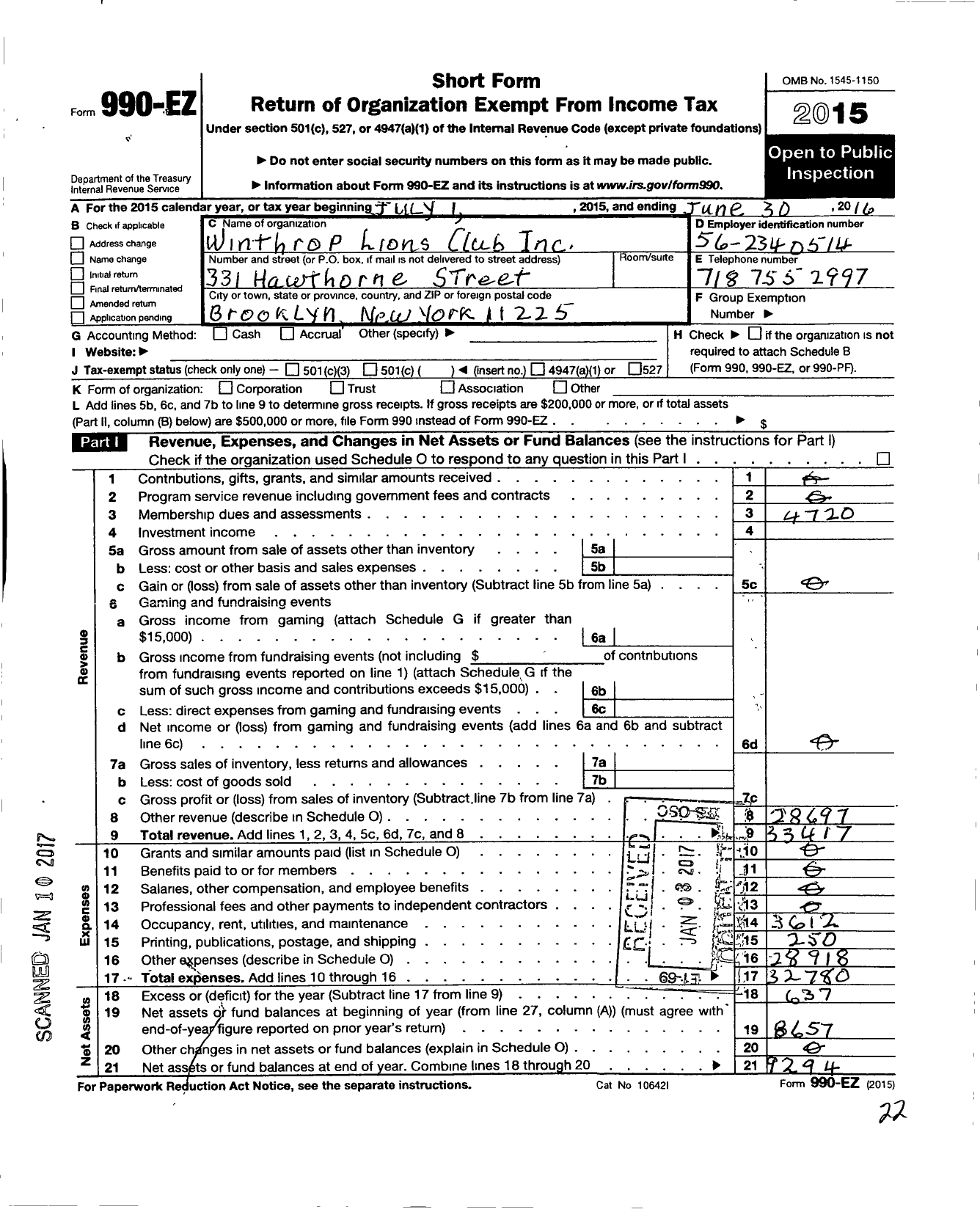 Image of first page of 2015 Form 990EO for Lions Clubs - 39957 Winthrop
