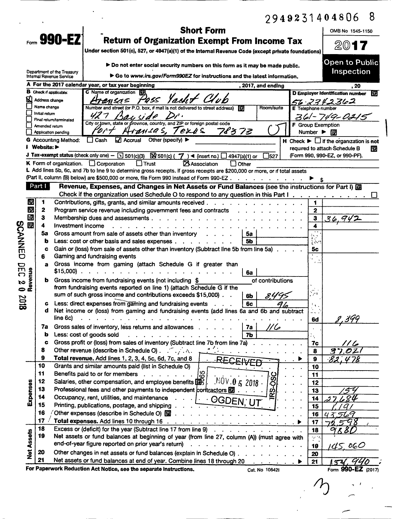 Image of first page of 2017 Form 990EO for Aransas Pass Yacht Club