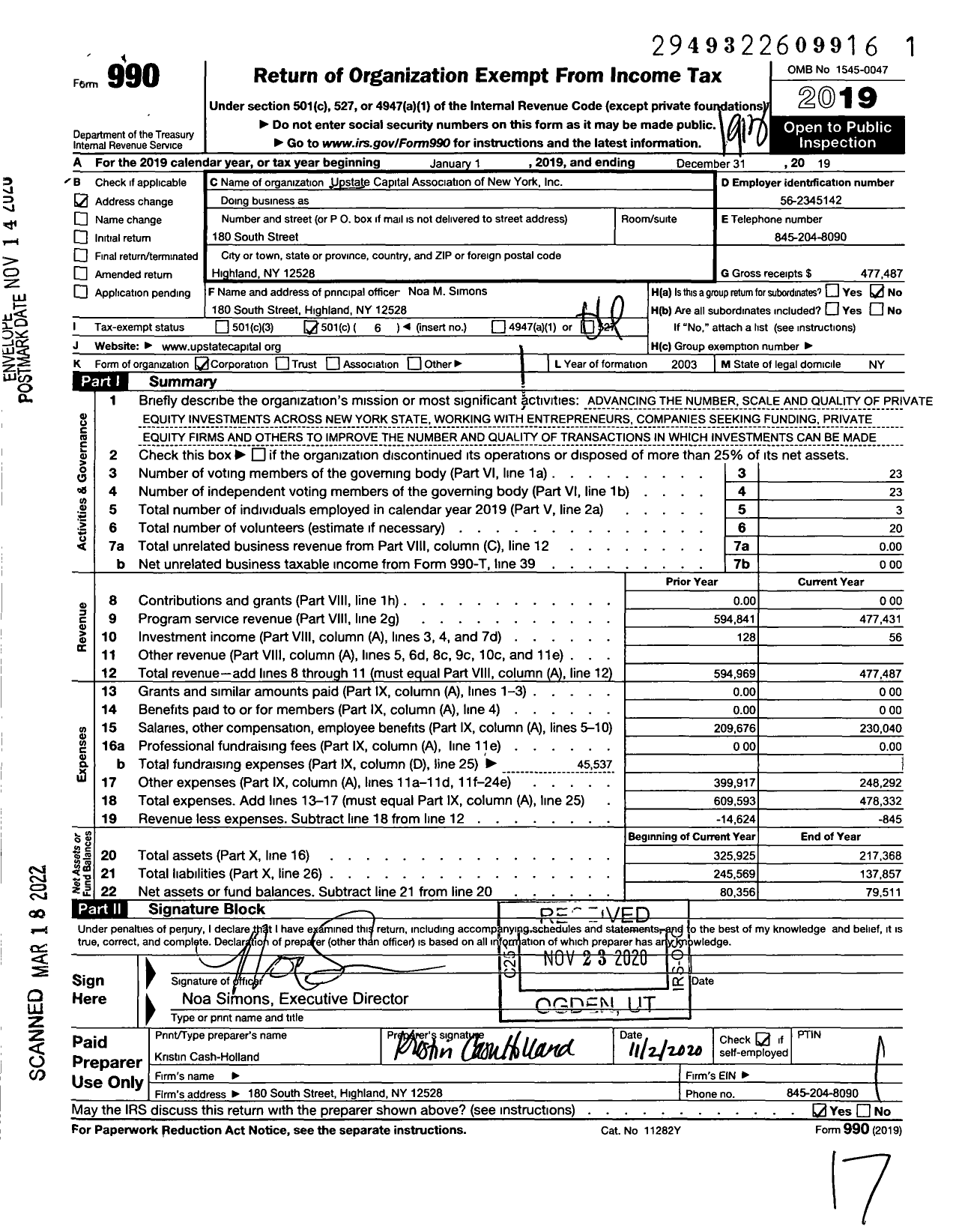 Image of first page of 2019 Form 990O for Upstate Capital Association of Ny