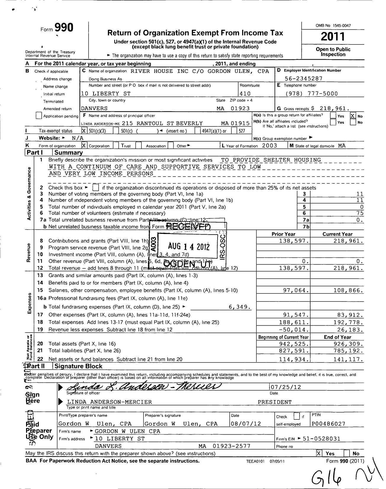 Image of first page of 2011 Form 990 for River House