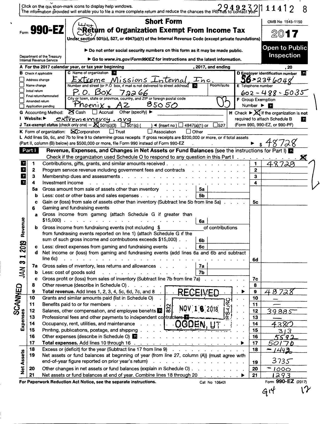 Image of first page of 2017 Form 990EZ for Extreme Missions International