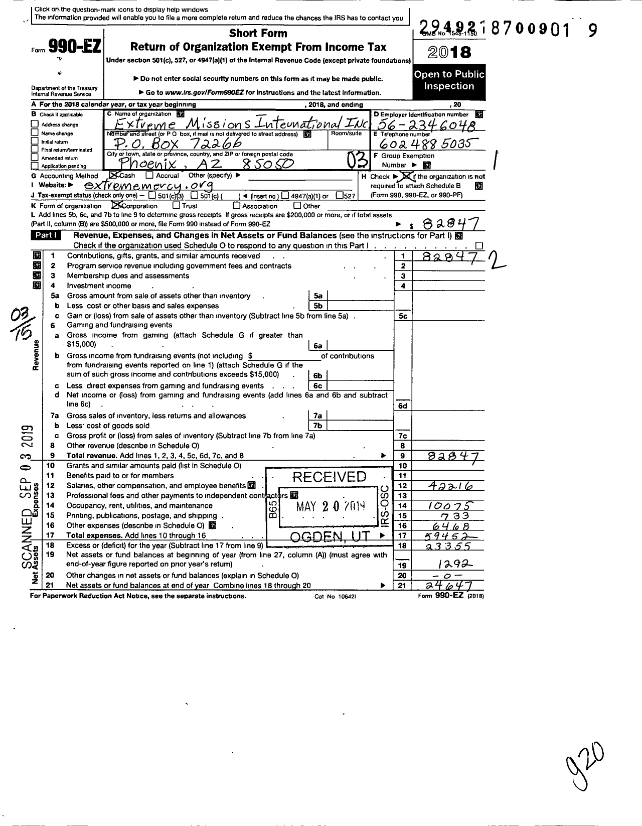 Image of first page of 2018 Form 990EZ for Extreme Missions International