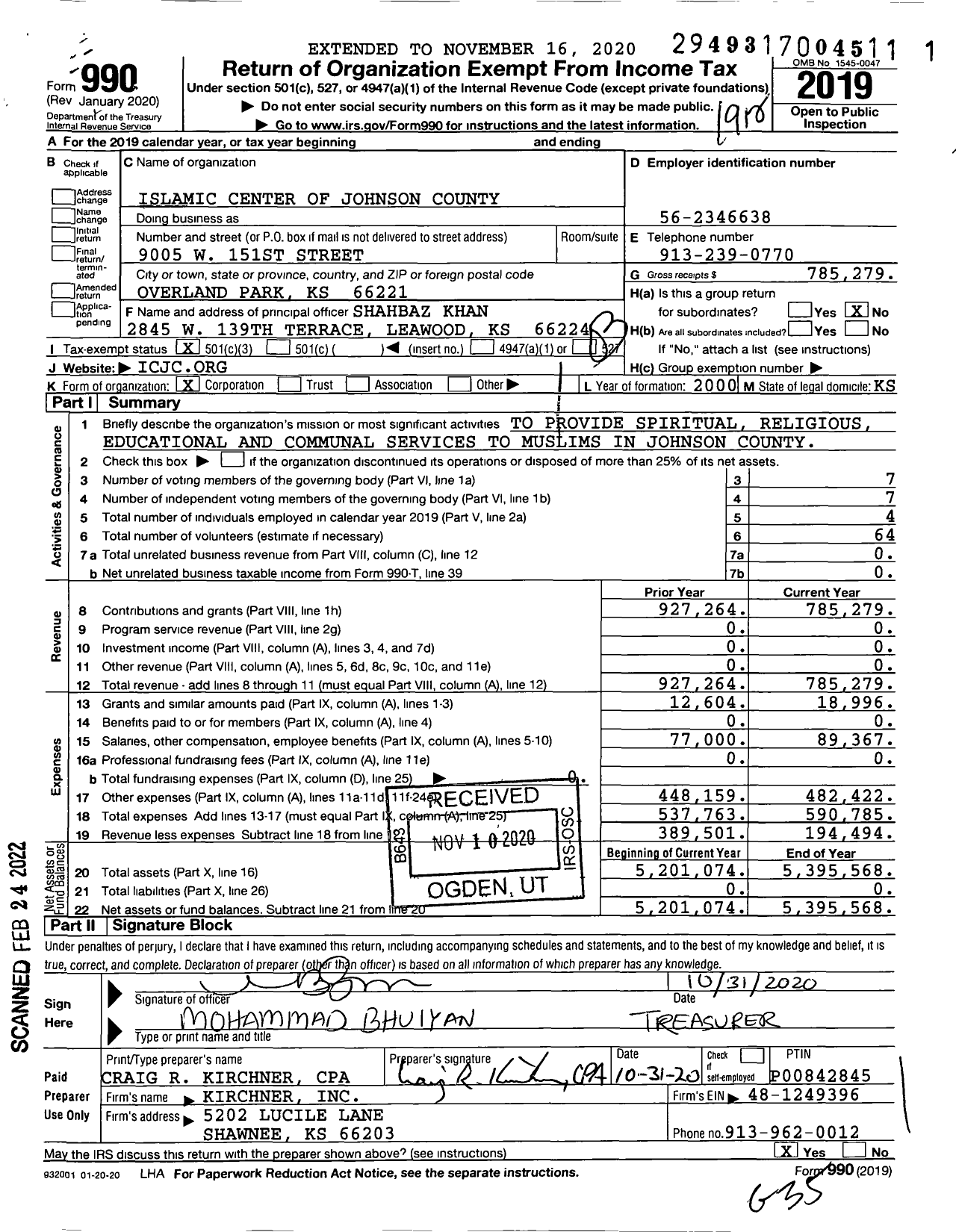 Image of first page of 2019 Form 990 for Islamic Center of Johnson County