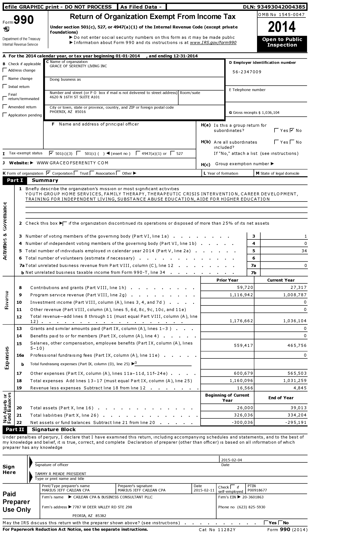 Image of first page of 2014 Form 990 for Grace of Serenity Living