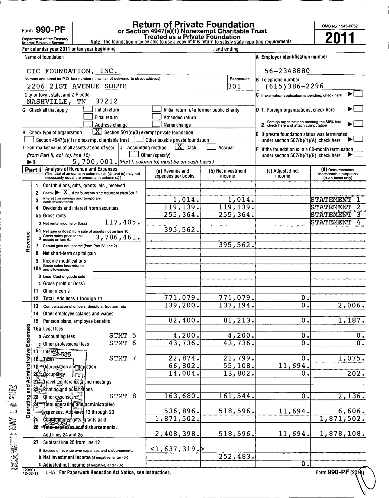 Image of first page of 2011 Form 990PF for Cic Foundation