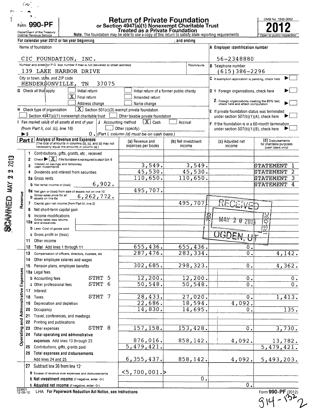 Image of first page of 2012 Form 990PF for Cic Foundation
