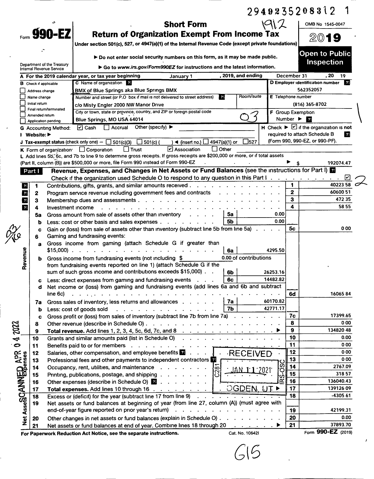 Image of first page of 2019 Form 990EZ for Blue Springs BMX