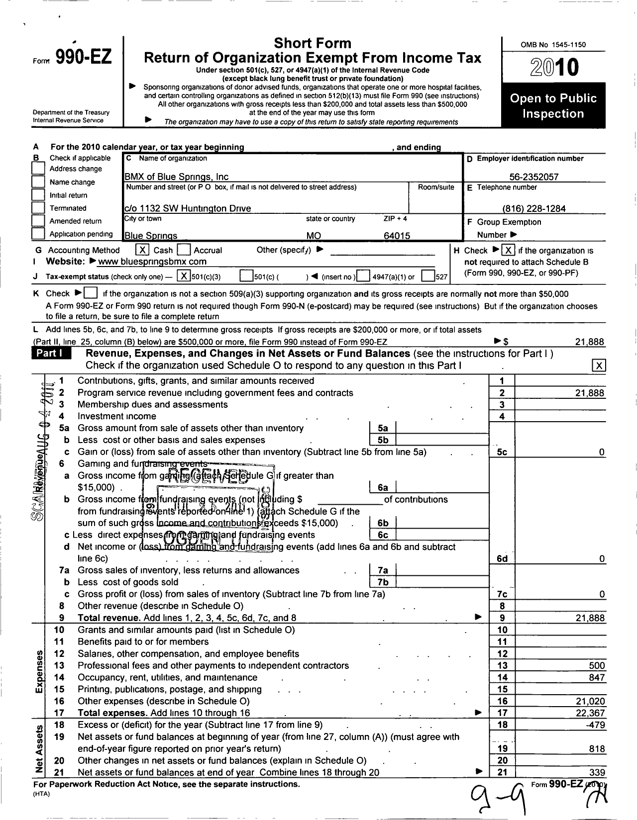 Image of first page of 2010 Form 990EZ for BMX of Blue Springs