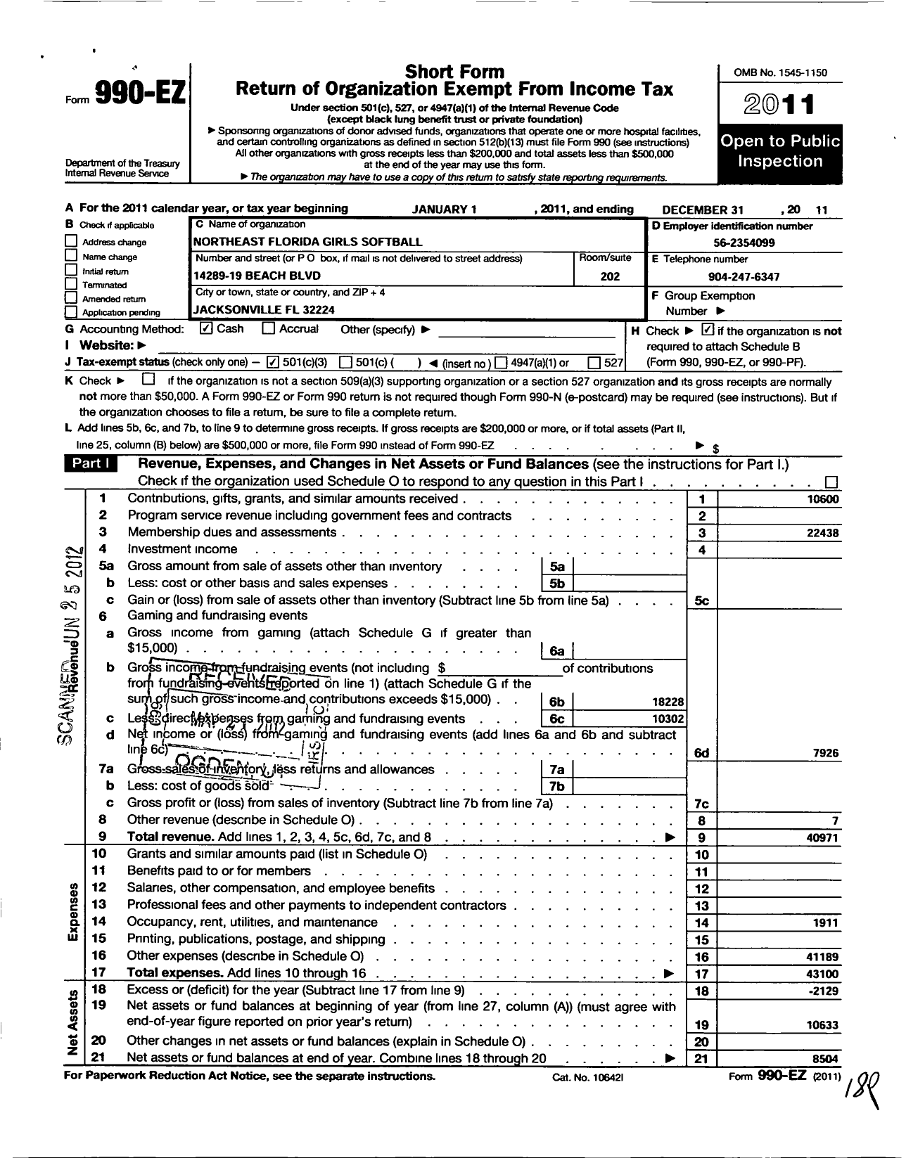 Image of first page of 2011 Form 990EZ for Northeast Florida Girls Softball