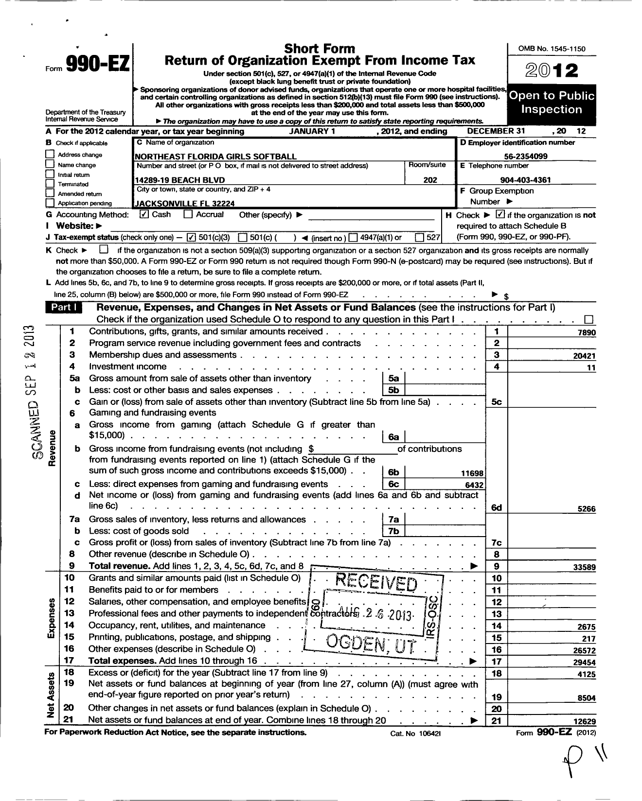 Image of first page of 2012 Form 990EZ for Northeast Florida Girls Softball