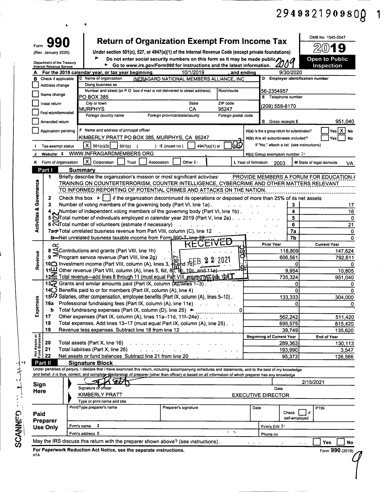 Image of first page of 2019 Form 990 for InfraGard National Members Alliance