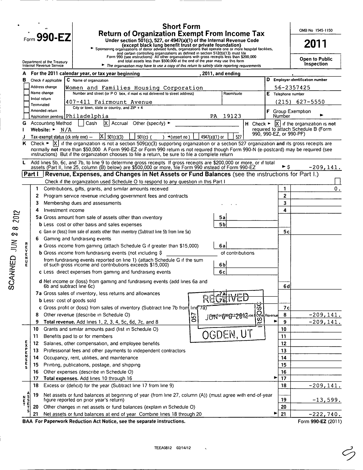 Image of first page of 2011 Form 990EZ for Women and Families Housing Corporation